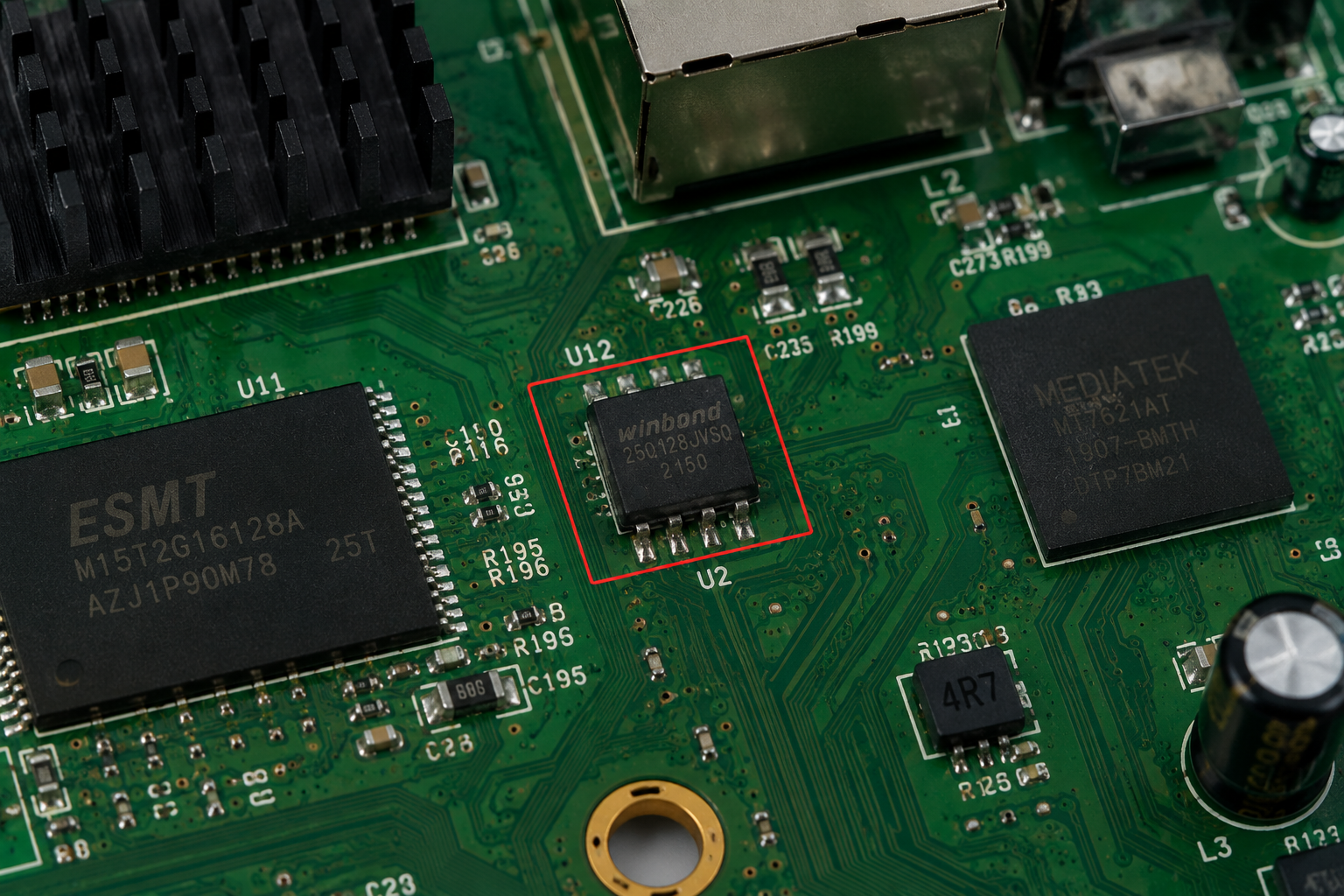 Router PCB – SPI flash W25Q128JV located near CPU